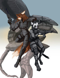 accessory anthro black_body black_hair bodysuit brown_body brown_hair clothing cosplay detailed_background duo female fur gun hair harness headband long_hair machine medium_hair multicolored_body multicolored_fur multicolored_hair pose ranged_weapon size_difference skinsuit tight_clothing weapon cordusmkii konami metal_gear canna_chester fao_k._kitan metal_gear_ray raiden_(metal_gear) solid_snake canid canine domestic_cat felid feline felis mammal maned_wolf metal_gear_(robot) absurd_res hi_res