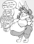 anthro areola belly big_belly big_breasts breasts crown dialogue english_text eyewear female garuda_six glasses headgear hi_res huge_breasts lagomorph leporid mammal may_(garuda_six) monochrome navel nipples obese obese_anthro obese_female open_mouth overweight overweight_anthro overweight_female rabbit smile solo speech_bubble text weight_gain