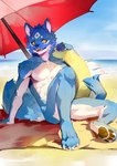 anthro athletic beach black_pawpads blue_body hand_on_ground holding_swim_ring male nude open_mouth open_smile parasol pawpads sand sea sitting smile solo swim_ring three-quarter_view water yellow_eyes eccold canid canine canis domestic_dog mammal hi_res