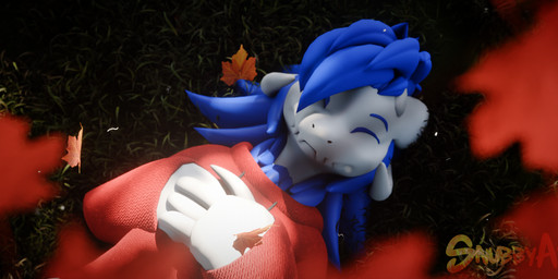 anthro autumn blue_body blue_hair clothed clothing eyes_closed fur grass hair hoodie horn leaf lying male outside plant red_clothing smile solo sweater topwear white_body white_fur snubbyarts snubby scalie wickerbeast 3d_(artwork) digital_media_(artwork) hi_res watermark widescreen
