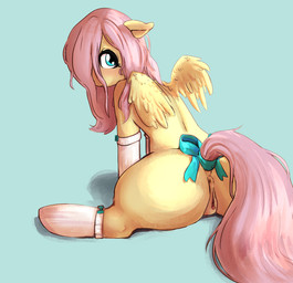 accessory animal_genitalia animal_vulva anus armwear blue_background blue_eyes bow_(feature) bow_accessory bow_ribbon butt clothing elbow_gloves equine_genitalia equine_vulva eyelashes feathered_wings feathers female feral footwear furgonomics genitals gloves hair hair_over_eye handwear legwear looking_back mostly_nude one_eye_obstructed pink_hair pink_tail presenting presenting_vulva rear_view ribbons simple_background socks solo spread_legs spreading tail tail_accessory tail_bow tail_ribbon vulva wings yellow_body yellow_feathers yellow_skin rainbowsprinklesart friendship_is_magic hasbro my_little_pony mythology fluttershy_(mlp) equid equine mammal mythological_creature mythological_equine pegasus hi_res