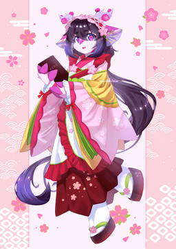 2_horns accessory anthro asian_clothing biped black_hair clothed clothing countershade_face countershade_fur countershading crossdressing east_asian_clothing eyebrows fur hair hair_accessory holding_object hoof_hands horn japanese_clothing kemono long_hair male multicolored_body multicolored_fur open_mouth pink_body pink_fur pupils small_horn solo standing text tongue two_tone_body two_tone_fur unusual_pupils white_body white_countershading white_fur sunnynoga deer mammal 2026 english_text hi_res