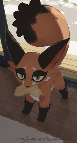 ambiguous_gender brown_eyes feral floor fur half-closed_eyes leg_markings markings narrowed_eyes object_in_mouth orange_body orange_fur paws quadruped socks_(marking) solo tail wood wood_floor yellow_eyes olyester nintendo pokemon canid canine generation_8_pokemon mammal nickit pokemon_(species) 2025 signature
