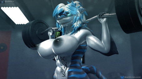 abs anthro areola athletic athletic_female barbell barbell_piercing beverage beverage_can big_breasts blue_eyes breasts clothed clothing energy_drink exercise eyewear female female_anthro glasses glowing glowing_eyes hair looking_at_viewer monster_energy_can muscular muscular_female nipple_barbell nipple_piercing nipples nude nude_anthro nude_female piercing shark_tail sharp_teeth smile smiling_at_viewer solo tail teeth wearing_glasses weightlifting weights white_body white_hair workout samtrix warfaremachine_(modeler) monster_energy nika_sharkeh aquatic fish requiem_shark shark tiger_shark 16:9 3d_(artwork) 4k absurd_res digital_media_(artwork) hi_res widescreen