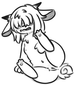 anthro blush breasts chest_tuft curled_tail female floppy_ears genitals hair hair_over_eyes horn lying midriff nude nude_female on_side open_mouth pawpads simple_background small_breasts solo spread_legs spreading tail tuft vulva castafae atlyss mammal poon_(atlyss) 2026 absurd_res digital_media_(artwork) hi_res monochrome