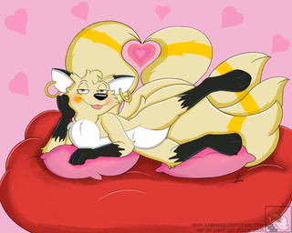 amber_eyes anthro bed bedroom_eyes black_body black_fur black_nose blue_eyes blush ear_piercing ear_ring femboy fur furniture heart_symbol holidays inviting inviting_to_sex inviting_viewer male multi_tail multicolored_body multicolored_fur narrowed_eyes piercing pillow ring_piercing seductive solo tail text tongue tongue_out toony yellow_body yellow_fur lightluxcollie valentine's_day quin_(faros) canid canine fox mammal 5:4 absurd_res hi_res url