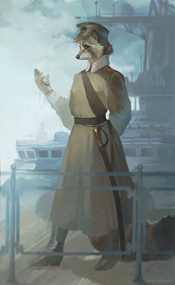5_fingers anthro black_nose brown_hair clock clothed clothing female fingers hair melee_weapon outside sea ship solo sword uniform vehicle watch water watercraft weapon juliathedragoncat ryai_(character) mammal procyonid raccoon 2018 digital_media_(artwork) hi_res