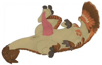 animal_genitalia animal_penis anus brown_body brown_scales claws feral genitals lying male on_back orange_body orange_scales penis plate plated_scales scales solo spread_legs spreading tailbutt tan_body tapering_penis teeth thick_penis vein veiny_penis yellow_eyes aetherxov capcom monster_hunter larynkir barroth brute_wyvern 2023 colored colored_line_art digital_drawing_(artwork) digital_media_(artwork) hi_res
