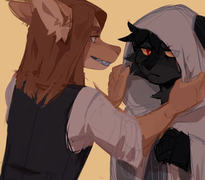 ambiguous_gender anthro black_body black_clothing black_fur black_topwear black_vest brown_hair clothed clothing duo fangs female fur grin hair looking_aside mouth_closed orange_body orange_fur pupils red_eyes robe simple_background smile tan_background tan_pupils tan_sclera teeth topwear unsigned vest white_clothing white_robe white_topwear corzh77 mythology domestic_cat dragon felid feline felis furred_dragon furred_scalie mammal mythological_creature mythological_scalie scalie hi_res