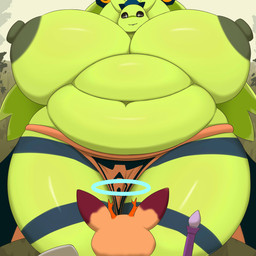 anthro belly big_belly big_breasts big_nipples breasts clothing duo female green_body halo huge_breasts larger_female nipples obese obese_female overweight overweight_female size_difference hidenafox atlyss slime_diva goo_creature 1:1 absurd_res hi_res