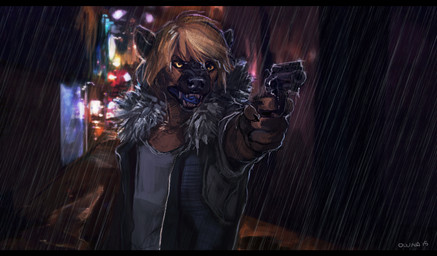 5_fingers angry anthro biped black_nose blue_tongue brown_body brown_fur brown_hair city clothed clothing dark detailed_background fingers front_view fur gun hair handgun holding_gun holding_object holding_ranged_weapon holding_weapon jacket lights male night outside raining ranged_weapon revolver snarling solo standing teeth tongue topwear weapon yellow_eyes conditional_dnp oouna truentyena hyena mammal spotted_hyena 2015 digital_media_(artwork) digital_painting_(artwork) letterbox painting_(artwork) signature