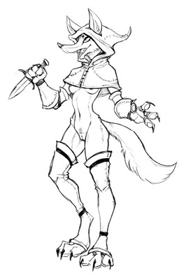 anthro areola breasts claws clothing dagger digitigrade female fur gloves handwear hood leggings legwear melee_weapon mostly_nude pawpads simple_background smile solo weapon white_background guoh oriana_thaffer canid canine canis mammal wolf 2018 digital_drawing_(artwork) digital_media_(artwork) hi_res monochrome sketch
