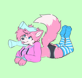 ambiguous_gender anthro blep blue_clothing blue_eyes blue_legwear blue_thigh_highs bottomwear clothing crop_top disembodied_hand female fur green_background hair headpat hoodie legwear lying on_front petting pink_body pink_clothing pink_crop_top pink_fur pink_hair pink_hoodie pink_shirt pink_topwear rubbing rubbing_cheek rubbing_chin shirt shorts simple_background solo stockings thigh_highs tongue tongue_out topwear white_body white_fur millie_k9 bella_(snugglefox22) canid canine fox mammal absurd_res hi_res gynomorph_(lore)