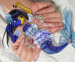 accessory black_eyes black_hair blue_body bow_ribbon breasts clothed clothing extreme_size_difference female fin floating_arms floating_head furgonomics hair multicolored_body photo_background ribbons size_difference solo split_form tail tail_accessory tail_bow tail_ribbon topwear two_tone_body yellow_body usagimarumei ena_(series) ena_(web_series) ena_(joel_g) aquatic digital_creature ena_(species) human humanoid mammal merfolk digital_media_(artwork) hi_res mixed_media photography_(artwork)