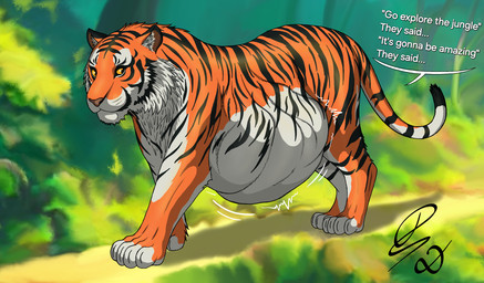 after_vore ambiguous_gender belly big_belly black_stripes duo feral orange_body orange_eyes orange_legs orange_tail stripes tail text vore white_belly dragonczech felid mammal pantherine tiger 2024 english_text hi_res watermark