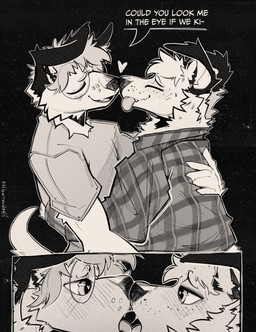2_panel_comic anthro blush bodily_fluids close_up_panel clothing duo eye_contact eyewear glasses heart_symbol hug intimate kissing looking_at_another male male/male nose_to_nose nuzzling pattern_clothing pattern_shirt pattern_topwear plaid plaid_clothing plaid_shirt plaid_topwear saliva saliva_string shirt sky standing star starry_sky t-shirt tail topwear littlearrowdog canid canine canis domestic_dog mammal hi_res monochrome