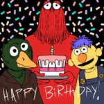 anthro birthday cake clothed clothing confetti dessert food group holding_plate male smile trio puppy_meats don't_hug_me_i'm_scared duck_guy_(dhmis) red_guy_(dhmis) yellow_guy_(dhmis) anatid anseriform avian bird duck humanoid 1:1 hi_res