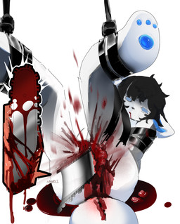 anthro bdsm blood blue_pawpads bodily_fluids bondage bound butt chainsaw death duo fatal female gore internal organs pawpads paws power_tool solo_focus tools weapon_penetration white_body boxwater canid canine mammal absurd_res hi_res