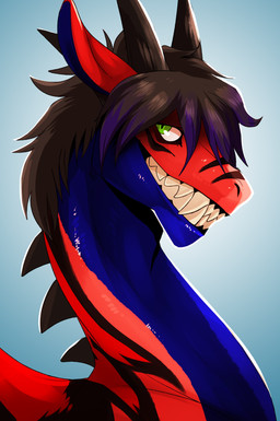 2_horns ambiguous_gender big_ears black_gums blue_and_red blue_body blue_inner_ear blue_underbelly brown_hair brown_horn brown_markings brown_spines brown_stripes brown_under_eyes eye_stripe fangs feral glistening glistening_eyes green_eyes grin grinning_at_viewer hair horn long_neck looking_at_viewer markings multicolored_hair narrowed_eyes neck_muscles neck_stripes nose_stripes pupils purple_hair purple_hair_tips red_back red_body red_ears sharp_teeth side_view simple_background slit_pupils smile smiling_at_viewer solo stripe_under_eyes stripes teeth two_tone_hair zigzag_stripe swampjaws mythology dragon mythological_creature mythological_scalie scalie hi_res