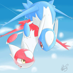 blush bodily_fluids claws cloud duo eon_duo eye_contact female feral flying flying_sex legendary_duo looking_at_another male male/female nude open_mouth outside red_eyes sex sky skyscape sweat tongue wings yellow_eyes aokabike nintendo pokemon generation_3_pokemon latias latios legendary_pokemon pokemon_(species) scalie 1:1 hi_res source_request