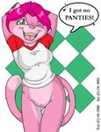 2005 anthro bottomless breasts clothed clothing dialogue english_text felid female fur genitals green_eyes hair hands_behind_head mammal one_eye_closed os pink_body pink_fur pink_hair pussy simple_background solo speech_bubble tail teri_(os) text wink