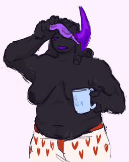 blindfold boxers_(clothing) breasts clothing container cup dark_body dark_skin exposed_breasts eyemask eyewear female heart_boxers heart_clothing heart_symbol heart_underwear horn mask midriff mug overweight purple_eyes purple_horn purple_teeth sleep_mask solo stretch_marks teeth underwear fazcorp phighting ban_hammer_(phighting) demigod demon humanoid robloxian hi_res trans_(lore) trans_man_(lore)