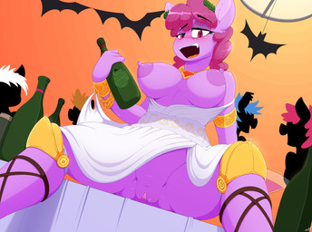 alcohol ambiguous_gender anthro anthrofied areola beverage big_areola blush bottomless breasts clothed clothing costume decoration dress drunk exhibitionism female footwear genitals group holidays jewelry knee_pads looking_at_viewer low-angle_view nipples nude partial_nudity party public purple_vulva sandals shoes solo_focus substance_intoxication vulva wine worm's-eye_view wreath replica_(artist) friendship_is_magic halloween hasbro my_little_pony berry_punch_(mlp) equid equine horse mammal pony 2017 hi_res