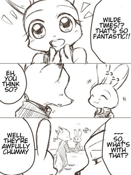 anthro beta_design clothed clothing collar dialogue dipstick_ears dot_eyes ear_markings exclamation_point eyes_closed fully_clothed group interrobang multicolored_ears open_mouth open_smile question_mark shock_collar simple_eyes smile speech_bubble square_crossover tail tail_motion tailwag text kurojiji third-party_edit disney zistopia zootopia judy_hopps nick_wilde canid canine fox lagomorph leporid mammal rabbit red_fox true_fox 3:4 black_and_white comic english_text hard_translated monochrome translated male_(lore)