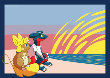 beach duo male sitting sitting_on_tail sunset trapper_hat water screamoshaymin nintendo pokemon pokemon_mystery_dungeon spike_chunsoft fan_character alolan_form alolan_raichu gabite generation_4_pokemon generation_7_pokemon pokemon_(species) regional_form_(pokemon) alpha_channel hi_res signature