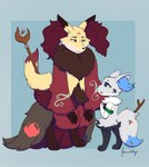 adoption anthro clothing duo facial_markings fluffy fur hands_on_knees hands_on_legs head_markings inner_ear_fluff male male/male markings mature_male robe staff tuft young young_anthro young_male fawnishy nintendo pokemon fynx_vesuvious rune_(~hey_yo~) braixen delphox generation_6_pokemon pokemon_(species) adopted_(lore) adopted_son_(lore) adoptive_father_(lore)