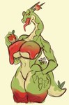 anthro big_breasts breasts candy caramel_(food) dessert female food green_body green_scales half-closed_eyes horn huge_breasts narrowed_eyes open_mouth open_smile scales simple_background smile solo tongue tongue_out yellow_sclera hdhxrrfg nintendo pokemon generation_9_pokemon hydrapple pokemon_(species) absurd_res hi_res