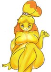 4_fingers anthro bell big_breasts blonde_hair breasts crossed_legs featureless_breasts female fingers front_view fur hair hair_bun looking_at_viewer nude simple_background sitting smile solo tail thick_thighs white_background wide_hips yellow_body yellow_fur gikoko gikowinko animal_crossing nintendo isabelle_(animal_crossing) canid canine canis domestic_dog mammal shih_tzu toy_dog