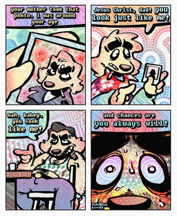 aloha_shirt anthro beard bodily_fluids body_hair bottomwear chest_hair cigar cigarette cigarette_in_mouth clothing denim denim_bottomwear denim_clothing dialogue duo facial_hair floppy_ears grey_hair hair half-closed_eyes happy_trail humor jeans male mustache narrowed_eyes nervous object_in_mouth pants pattern_clothing pattern_shirt pattern_topwear polaroid_photo shirt smile smirk smoking_tobacco smug smug_face smug_grin speech_bubble sweat sweatdrop text topwear wide_eyed rawdawgcomics cataldo_(rawdawgcomics) stahli_(rawdawgcomics) bird_dog canid canine canis domestic_dog golden_retriever hunting_dog mammal retriever comic english_text hi_res