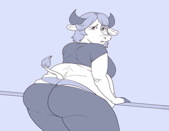 3_fingers anthro belly belly_overhang big_belly big_breasts big_butt big_ears blue_background blue_eyes bottomwear breasts butt clothing covered_breasts cow_ears cow_nose ears_down female fingers hair horn huge_breasts huge_butt long_ears looking_at_viewer looking_back looking_back_at_viewer messy_hair open_mouth overweight overweight_anthro overweight_female pale_skin panties panties_showing pants pivoted_ears raised_tail sagging sagging_belly sagging_breasts shirt short_hair simple_background slightly_chubby slightly_chubby_anthro slightly_chubby_female solo surprised tail tail_tuft topwear tuft underwear white_body white_skin strobehouse deviantart miranda_(strobehouse) animal_humanoid bovid bovid_humanoid bovine bovine_humanoid cattle cattle_humanoid humanoid mammal mammal_humanoid digital_drawing_(artwork) digital_media_(artwork)