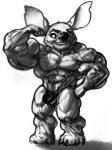 2012 4_toes alien biceps bulge clothing disney experiment_(lilo_and_stitch) fan_character feet flexing furry_(artist) greyscale grin hand_on_hip lilo_and_stitch looking_at_viewer male monochrome muscular muscular_male notched_ear pecs scar short_stack simple_background smile solo standing stray_(furry) thong toes triceps underwear white_background