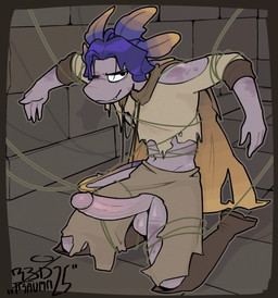 adventurer anthro balls bdsm bondage boots bottomwear bound bruised cape clothing footwear genitals glans hair kneeling kneeling_on_ground male navel pants penis plant purple_body purple_hair shirt shoes smile smirk solo tail topwear torn_bottomwear torn_clothing torn_pants torn_shirt torn_topwear vines redtrauma amphibian axolotl marine mole_salamander salamander absurd_res hi_res