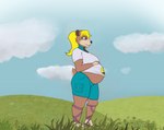 4_fingers 4_toes anthro big_breasts black_nose blonde_hair bottomwear breasts brown_body brown_fur cargo_shorts cheek_tuft clothing cloud eyelashes facial_tuft feet female field fingers footwear fur graphic_tee grass hair hand_on_belly hill pigtails pink_eyes plant pregnant pregnant_anthro pregnant_female sandals shirt shoes shorts sky skyscape small_tail smile smiley_face solo tail tan_body tan_fur toes topwear tuft undershirt space_cyan deta's_sagas margaret_bodark bear brown_bear detan mammal ursine absurd_res hi_res