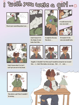 accessory anthro blush boxers_(clothing) cheek_tuft chester-bandit clothing duo facial_tuft fluffy fluffy_tail furniture gay_thoughts green_clothing gummy-chews hoodie in_denial kissing love male male/male necktie nervous school_uniform simple_background slightly_chubby sniffing table tail text thought_bubble topwear tuft twunk underwear uniform gummy_doge1619 canid canine canis domestic_dog mammal 3:4 absurd_res comic english_text hi_res