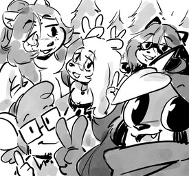 anthro female gesture group group_photo hand_gesture heterochromia male summer_camp v_sign anaugi alyssa_(anaugi) crimes_(anaugi) marcie_(anaugi) roscoe_(anaugi) sakura_(anaugi) bear canid canine felid hybrid liger mammal mouse murid murine pantherine polar_bear procyonid raccoon raccoon_dog rodent tanuki ursine digital_media_(artwork) digital_painting_(artwork) digital_watercolor_(artwork) hi_res monochrome painting_(artwork) watercolor_(artwork) trans_(lore) trans_man_(lore) trans_woman_(lore)