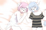 anthro blue_hair blush duo eyes_closed hair hand_holding male pink_hair romantic romantic_couple sleeping tail young young_anthro derigrowl hi_res