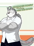 2013 3:4 anthro biceps big_muscles black_nose canid canine canis clothing comic crossed_arms english_text facial_markings fur grey_body grey_fur head_markings hi_res looking_at_viewer male mammal manya markings morenatsu muscular muscular_anthro muscular_male scar solo ten_kodori text wolf