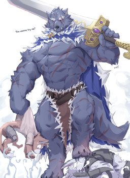 4_toes 5_fingers abdominal_scar abs anthro arm_scar armor asking_viewer barefoot belt biceps big_muscles biped black_claws blue_body blue_fur bodily_fluids bottomwear bracelet brown_belt brown_bottomwear brown_claws brown_clothing brown_loincloth cape chest_scar claws closed_smile clothed clothed_anthro clothed_male clothing countershade_fur countershade_torso countershading defeat dialogue digitigrade dipstick_tail dot_pupils drooling eye_scar eyebrows facial_scar feet finger_claws fingers fluffy fluffy_tail foot_on_head forehead_scar front_view fur fur_cape fur_clothing furrowed_eyebrows greatsword grey_eyebrows grey_inner_ear_fluff group holding_another holding_melee_weapon holding_object holding_sword holding_weapon huge_muscles inner_ear_fluff jewelry larger_anthro larger_male leg_guards leg_scar loincloth looking_at_viewer looking_down lying male markings melee_weapon monotone_body monotone_clothing monotone_fur monotone_shirt monotone_topwear mouth_closed multicolored_body multicolored_cape multicolored_clothing multicolored_fur muscular muscular_anthro muscular_male nervous nervous_sweat on_front open_mouth overbite pecs pink_inner_ear plantigrade pose purple_sclera red_cape red_clothing red_scar saliva scar scars_all_over shirt side_view simple_background size_difference smaller_anthro smaller_male smile smiling_at_viewer smirk snout solo_focus stepped_on stepping_on_another stubble surprised sweat sweatdrop sweatdrop_(iconography) sweaty_face sword sword_over_shoulder tail tail_markings tail_scar talking_to_viewer tan_body tan_clothing tan_fur tan_shirt tan_topwear teary_eyes text thick_eyebrows toe_claws toes topless topless_anthro topless_male topwear trio tuft two_tone_body two_tone_cape two_tone_clothing two_tone_fur two_tone_loincloth weapon weapon_over_shoulder white_background white_body white_bottomwear white_cape white_clothing white_countershading white_fur white_inner_ear white_loincloth white_sclera white_tail_tip wide_eyed kuromonsart elden_ring fromsoftware blaidd_(elden_ring) canid canine canis felid mammal wolf 2025 absurd_res artist_name colored dated digital_drawing_(artwork) digital_media_(artwork) english_text full-length_portrait hi_res portrait