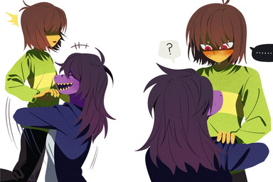 ambiguous_gender anthro biped blush bodily_fluids brown_hair carrying_another clothed clothing crossbar_emanata duo ellipsis emanata eye_contact female female/ambiguous flustered hair hair_over_eyes holding_another long_hair looking_at_another purple_body purple_scales question_mark red_eyes scales sharp_teeth short_hair simple_background snout speech_bubble sweat sweatdrop teeth white_background yellow_body yellow_skin yellow_teeth pg5374 deltarune undertale_(series) kris_dreemurr susie_(deltarune) human mammal scalie 2026 3:2 comic digital_drawing_(artwork) digital_media_(artwork) nonbinary_(lore)
