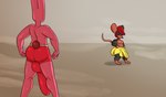 anthro balls big_penis black_body bottomwear clothing duo genitals hair male penis pink_body red_hair shorts tail jovi_cap jovi_cap_(oc) shannon_(jovi_cap) lagomorph leporid mammal mouse murid murine rabbit rodent hi_res