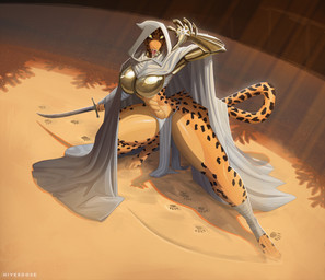 anthro armor big_breasts boob_armor bottomwear breasts cloak clothing crouching female gauntlets gloves handwear hood loincloth melee_weapon scimitar solo sword thick_thighs weapon hiverdose last_fables lieren_(last_fables) felid leopard mammal pantherine hi_res