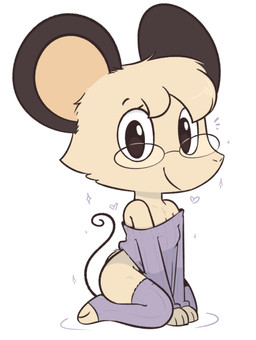 bottomless chibi clothed clothing eyewear female flat_chested glasses heart_symbol kneeling legwear shirt_pulled_down solo sparkles thigh_highs theartmanor molte mammal murid murine rodent