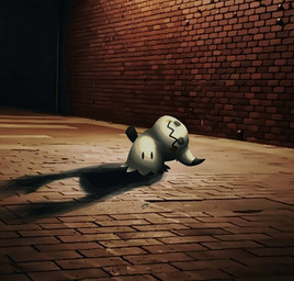 1_horn ambiguous_gender brick brick_wall detailed_background drawn_on_face fake_eyes grey_body head_turned horn night outside pathway shadow sidewalk smile solo tail wall_(structure) yellow_body watawatakuro nintendo pokemon generation_7_pokemon mimikyu pokemon_(species) 2025 shaded