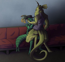 anthro barely_visible_genitalia barely_visible_penis butt clothed clothing duo female genitals male male/female multi_limb penis riding size_difference smaller_male ab_rin ros_moretti rozlin_sukal arthropod dragonfly insect lizard reptile scalie hi_res