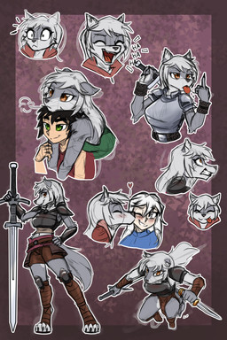 anthro armor bodily_fluids female female/female food fruit fur gesture greatsword grey_body grey_fur grey_hair group hair hand_gesture head_on_head heart_symbol kissing kissing_cheek knee_pads knife laugh male male/female middle_finger multiple_sketches orange_eyes pauldron plant raspberry surprised tears trio gndthr323 damurah kiruss canid canine canis human mammal wolf 2:3 absurd_res hi_res sketch