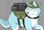 backpack black_nose blue_body blue_fur clothing feral fur hat headgear headwear kemono multicolored_body multicolored_fur question_mark solo text two_tone_body two_tone_fur white_body white_fur tinntira canid canine canis domestic_dog mammal 2020 hi_res